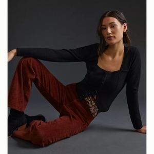 Ribbed Corset-Seamed Top size S Khaki color not black (small stain on sleeve)